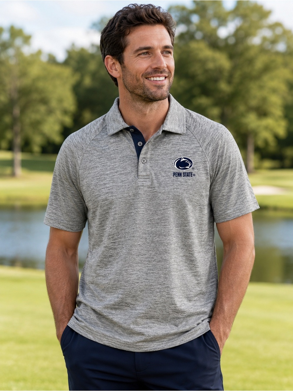Colosseum Penn State Heather Gray Polo with Navy Accents